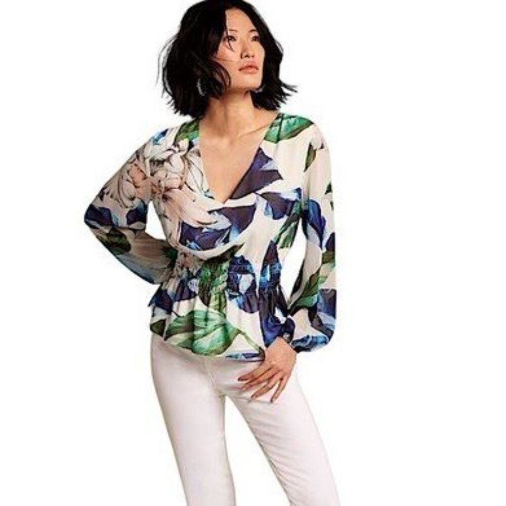 White House Black Market White Floral V-Neck Blouse with Blue and Green Print - Picture 2 of 10
